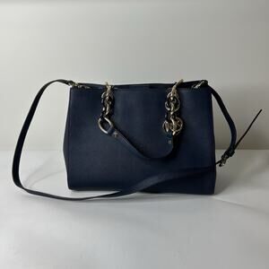 MICHAEL KORS CYNTHIA Purse Navy Blue Gold Crossbody Leather Satchel Bag